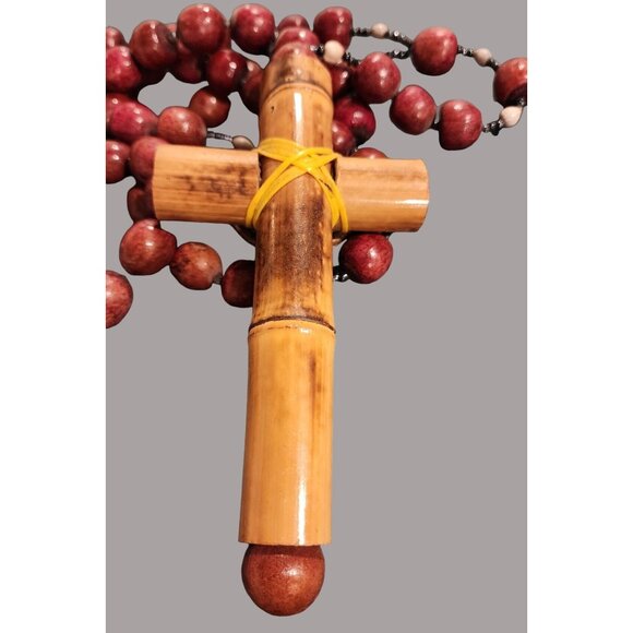 HUGE Handcrafted Wooden Rosary Necklace With Crucifix Red Beads & Yellow String - Picture 4 of 13